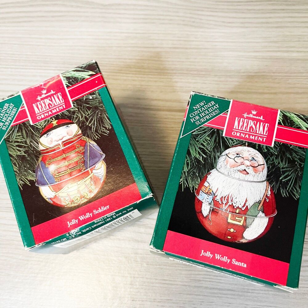 Hallmark Keepsake 1991 Jolly Wolly Santa & Soldier Tin Ornaments Lot of 2 NIB